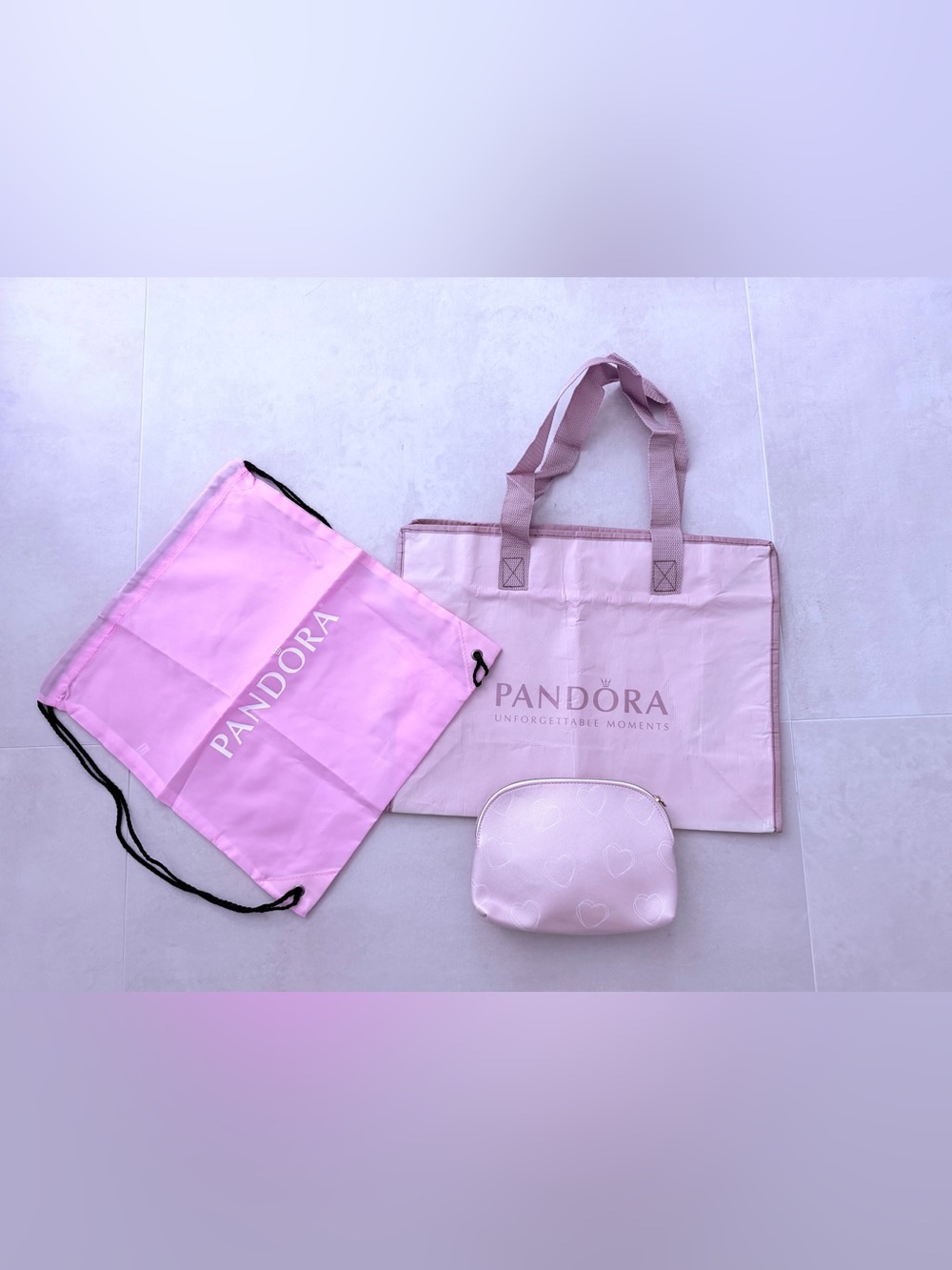 Pandora New Pink make up bag, shoe bag & shopping bag.
